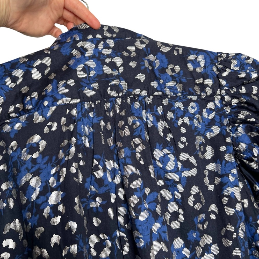 GAP Cotton Puff Sleeve Button Front Blouse Blue & Silver Size Medium - Picture 11 of 12